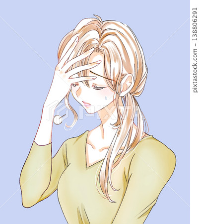 一位女子嘆了口氣,摸了摸頭。 (汗水) 一位女子嘆了口氣,摸了摸頭。 (汗水) 138806291