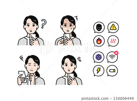 一組40多歲女性手持智慧型手機，臉部表情充滿負面情緒的照片。 138806449