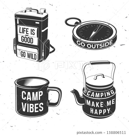 Camping gear set vector collection with backpack compass coffee mug and kettle outdoor adventure equipment vintage design for t shirt poster sticker isolated background Camping gear set vector collection with backpack compass coffee mug and kettle outdoor adventure equipment vintage design for t shirt poster sticker isolated background 138806511
