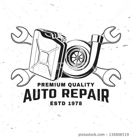 Fuel can turbocharger and wrenches auto repair poster vector illustration automotive service tools and engine parts design for garage workshop print t shirt isolated background 138806519