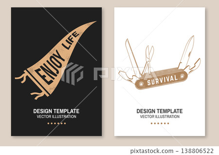 Outdoor camping poster set with enjoy life flag banner and multi tool pocket knife survival gear vector illustration black and white typography design templates for print t shirt sticker isolated Outdoor camping poster set with enjoy life flag banner and multi tool pocket knife survival gear vector illustration black and white typography design templates for print t shirt sticker isolated 138806522