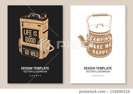 Outdoor camping poster set with backpack travel gear and camping kettle coffee pot vector illustration black and white typography design templates for print t shirt sticker isolated background Outdoor camping poster set with backpack travel gear and camping kettle coffee pot vector illustration black and white typography design templates for print t shirt sticker isolated background 138806526