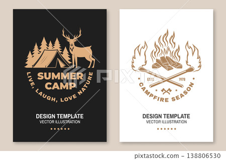 Outdoor camping poster set with tent and deer summer camp scene and campfire with crossed matches vector illustration black and white typography design templates for print t shirt sticker isolated 138806530
