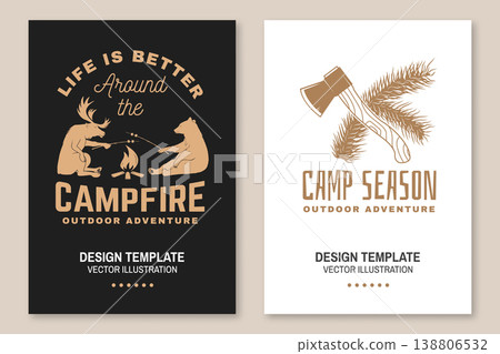 Outdoor camping poster set with moose and bear roasting marshmallow at campfire and axe with pine branch vector illustration black and white typography design templates for print t shirt sticker Outdoor camping poster set with moose and bear roasting marshmallow at campfire and axe with pine branch vector illustration black and white typography design templates for print t shirt sticker 138806532