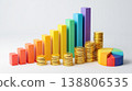 3d color bar and pie graph with gold coins on white background. 138806535
