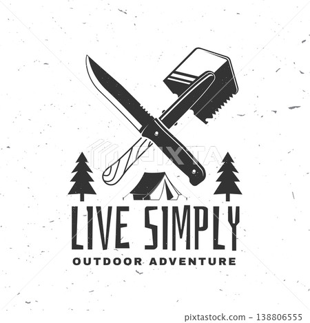 Knife and axe outdoor camping scene vector illustration with tools and trees live simply adventure design for t shirt poster sticker isolated on white background Knife and axe outdoor camping scene vector illustration with tools and trees live simply adventure design for t shirt poster sticker isolated on white background 138806555