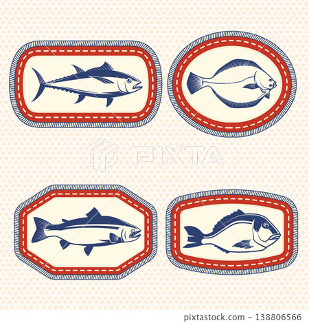 Fish embroidery patches vector collection with tuna salmon and sea fish stitched badge set nautical seafood design isolated on light background Fish embroidery patches vector collection with tuna salmon and sea fish stitched badge set nautical seafood design isolated on light background 138806566