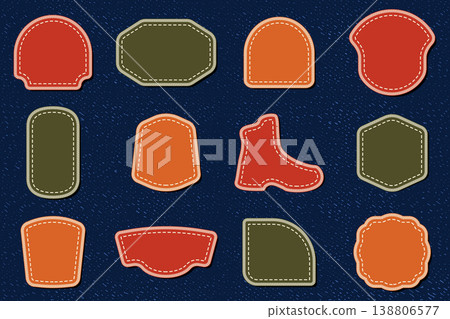 Custom shape embroidery patches on denim background vector collection with stitched badge labels textile mockup for clothing and fashion design isolated on dark fabric 138806577