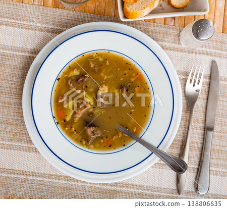 Soup with forest mushroom, pork meat and vegetables Soup with forest mushroom, pork meat and vegetables 138806835