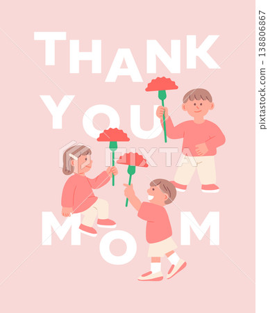 Children holding pink carnations with Thank you mom text Children holding pink carnations with Thank you mom text 138806867