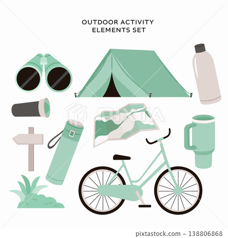 Outdoor activity elements set with bicycle and hiking gear 138806868