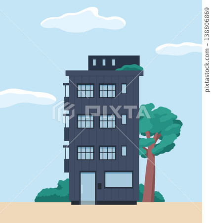 Modern grey residential building with green trees 138806869