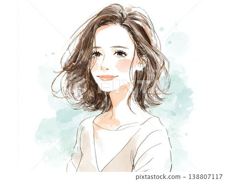 A watercolor-style portrait illustration of a young woman with a radiant smile, evoking an image of beauty. 138807117