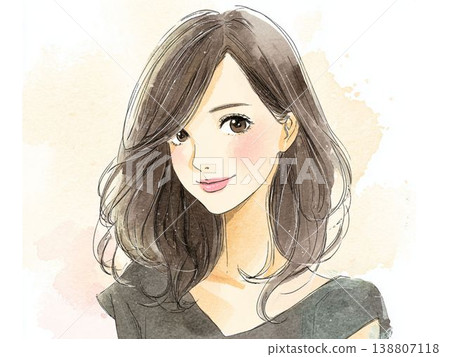A watercolor-style portrait illustration of a young woman with a radiant smile, evoking an image of beauty. 138807118