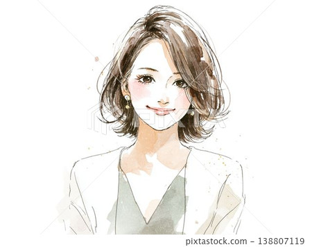 A watercolor-style portrait illustration of a young woman with a radiant smile, evoking an image of beauty. 138807119