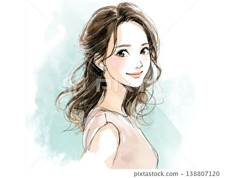 這是一幅水彩風格的肖像插畫，描繪了一位笑容燦爛的年輕女子，給人一種美麗動人的印象。 138807120
