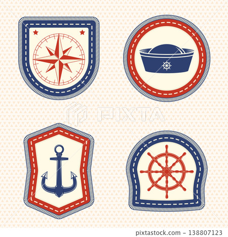 Nautical embroidery patches vector collection with anchor compass and ship wheel stitched badge set marine navigation symbols isolated on light background Nautical embroidery patches vector collection with anchor compass and ship wheel stitched badge set marine navigation symbols isolated on light background 138807123