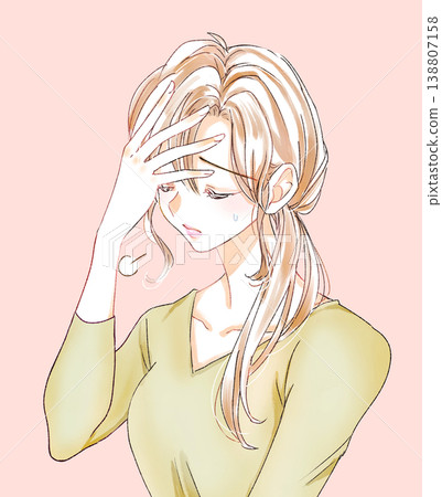 一位女子嘆了口氣,摸了摸頭。 (汗水) 一位女子嘆了口氣,摸了摸頭。 (汗水) 138807158