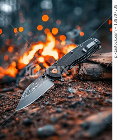 Folding Tactical Knife on Scorched Ground with Fire 138807339