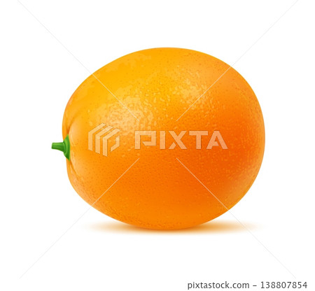Realistic ripe raw orange citrus fruit. Isolated 3d vector whole tropical plant with bright textured peel and green stem. Fresh, juicy, healthy organic food hints at the refreshing and sweetness Realistic ripe raw orange citrus fruit. Isolated 3d vector whole tropical plant with bright textured peel and green stem. Fresh, juicy, healthy organic food hints at the refreshing and sweetness 138807854