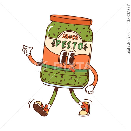 Cartoon groovy pesto sauce bottle character. Pesto jar happy hippie vector character, sauce bottle retro groovy mascot. Culinary ingredient container funny personage walking with sticking tongue Cartoon groovy pesto sauce bottle character. Pesto jar happy hippie vector character, sauce bottle retro groovy mascot. Culinary ingredient container funny personage walking with sticking tongue 138807857