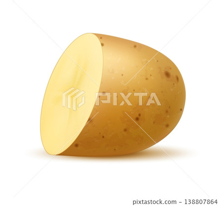 Realistic raw potato vegetable cut in half and unpeeled, isolated vector. Raw and cooked potato half for food menu or cooking ingredient and cuisine vegetable, realistic farm veggie object 138807864