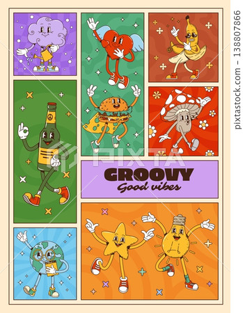 Hippie funky groovy characters collage poster. Funky vector cloud personage, burger, heart, banana, fly agaric, beer bottle, lightbulb, star, and Earth for festival posters, or retro room decor 138807866