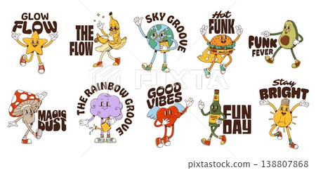 Retro funky Y2K groovy hippie characters stickers. Funky vector dancing and smiling mascots. Star, banana, avocado, lightbulb, fly agaric, Earth, burger, cloud, heart, and beer bottle for Y2K fashion Retro funky Y2K groovy hippie characters stickers. Funky vector dancing and smiling mascots. Star, banana, avocado, lightbulb, fly agaric, Earth, burger, cloud, heart, and beer bottle for Y2K fashion 138807868