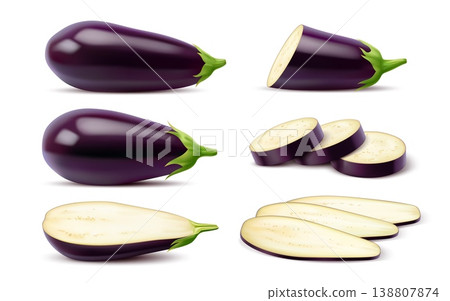 Realistic ripe raw eggplant vegetable whole and slice cut, vector isolated 3D food object. Realistic eggplant or aubergine vegetable unpeeled and cut in slices for cuisine cooking vegetable ingredient Realistic ripe raw eggplant vegetable whole and slice cut, vector isolated 3D food object. Realistic eggplant or aubergine vegetable unpeeled and cut in slices for cuisine cooking vegetable ingredient 138807874