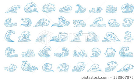 Asian sea wave icons, Japanese or Chinese ocean water arching peak, cresting roller, wind blown chop and frothy splash, rolling swell, breaking surf, spiraling foam. Vector blue linear wave flow set Asian sea wave icons, Japanese or Chinese ocean water arching peak, cresting roller, wind blown chop and frothy splash, rolling swell, breaking surf, spiraling foam. Vector blue linear wave flow set 138807875