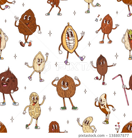Cartoon groovy nut and seeds character seamless pattern. Fabric vector pattern, textile groovy seamless backdrop with cacao bean pod, almond coconut and walnut, brazil nut, cashew groovy personages 138807877