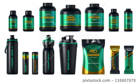 3d sport nutrition package and bottle mockup, whey protein. Black plastic containers, shaker and bars. Realistic vector fitness supplement bottles. Gainer, creatine, bcaa, amino vitamins, energy drink 138807878