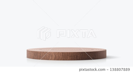 Wooden podium stage stand with tree bark. Round wood platform, realistic 3d vector mockup. Circular log slice stand with polished surface and bark texture for natural cosmetic eco product presentation 138807889