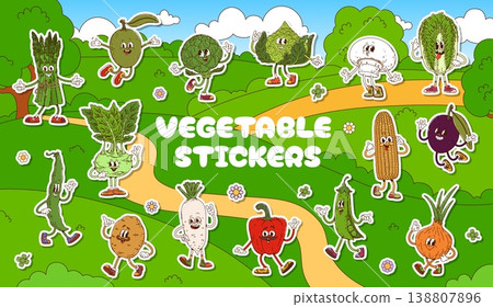 Groovy vegetable characters stickers of green pea, ripe eggplant, raw carrot, kohlrabi, smiling asparagus, corn cob, cheerful onion, mushroom, funky radish and other. Funky groovy vector vegetables 138807896