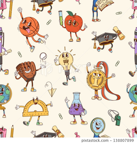 Groovy school education stationery characters vector seamless pattern. Tile background with graduation cap, laboratory flask, paper plane, funky protractor, hippie baseball glove, medal, light bulb. 138807899