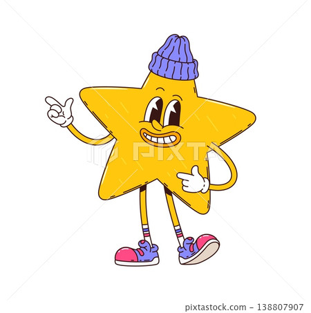 Star in beanie cartoon groovy funny character. Cute 80s groovy personage, happy funky isolated vector mascot. Yellow star funny hippie character wearing purple beanie hat and pointing finger Star in beanie cartoon groovy funny character. Cute 80s groovy personage, happy funky isolated vector mascot. Yellow star funny hippie character wearing purple beanie hat and pointing finger 138807907