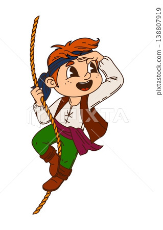 Swinging on rope boy kid pirate sailor cartoon funny character. Corsair boatswain cute mascot, kid pirate crew skipper happy vector character. Filibuster sailor looking in distance boy personage Swinging on rope boy kid pirate sailor cartoon funny character. Corsair boatswain cute mascot, kid pirate crew skipper happy vector character. Filibuster sailor looking in distance boy personage 138807919