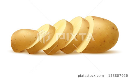 Realistic raw sliced potato vegetable. Isolated 3d vector fresh, brown unpeeled veg with smooth texture and circular cuts, highlights food preparation process, cooking ingredients and natural produce Realistic raw sliced potato vegetable. Isolated 3d vector fresh, brown unpeeled veg with smooth texture and circular cuts, highlights food preparation process, cooking ingredients and natural produce 138807926