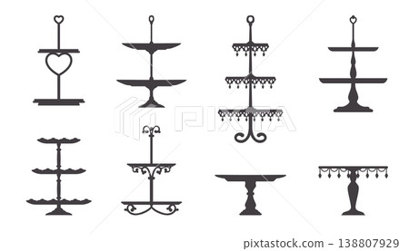 Cake pie platter, stand and tray silhouettes. Wedding and birthday dessert display for serving food for party. Luxury level pedestal for dish, cupcakes and sweets, chocolate, cookies Cake pie platter, stand and tray silhouettes. Wedding and birthday dessert display for serving food for party. Luxury level pedestal for dish, cupcakes and sweets, chocolate, cookies 138807929