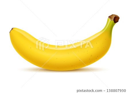 Realistic ripe yellow banana fruit for dessert and sweet food, isolated vector. Fresh unpeeled whole banana fruit in closeup macro 3D for organic juice or smoothie and dessert food product 138807930