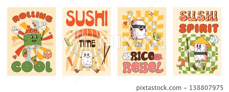 Groovy japanese sushi and roll character posters. Retro y2k funny asian cuisine food vector posters of cartoon groovy nigiri, gunkan and onigiri sushi characters with chopsticks, salmon and avocado 138807975