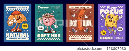 Funny breakfast groovy hippie characters posters with vector slogans stay soft, stay true, dream and silence says enough. Let calm guide you, hot run, good time, true vibe and breathe in the morning Funny breakfast groovy hippie characters posters with vector slogans stay soft, stay true, dream and silence says enough. Let calm guide you, hot run, good time, true vibe and breathe in the morning 138807980