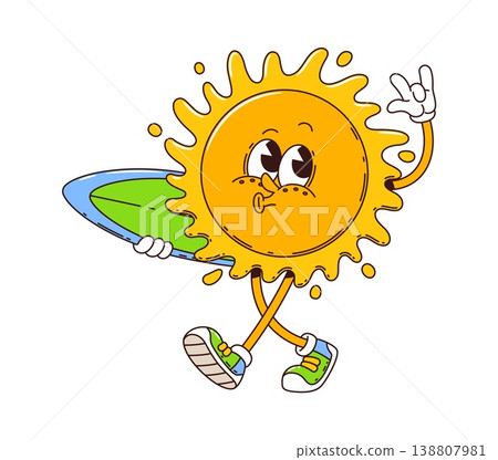 Funny groovy sun character walking with a surfboard. Cartoon vector sunny personage with bright rays, playful face and retro sneakers creating cheerful hippie y2k vibe full of warm summer fun on beach 138807981