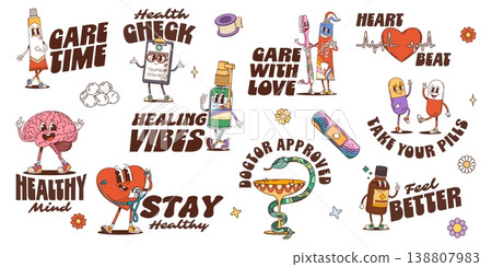 Medicine Y2K groovy stickers and funky health care characters, cartoon vector. Funny groovy medical characters of heart and brain with pills and spray or patches with toothpaste and toothbrush 138807983