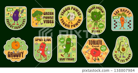 Vegetable groovy label stickers, ripe veggies harvest retro patches, vector farm food. Cartoon funky tomato, pepper, avocado and spinach mascots stickers. Groovy broccoli and carrot vegetables labels Vegetable groovy label stickers, ripe veggies harvest retro patches, vector farm food. Cartoon funky tomato, pepper, avocado and spinach mascots stickers. Groovy broccoli and carrot vegetables labels 138807984