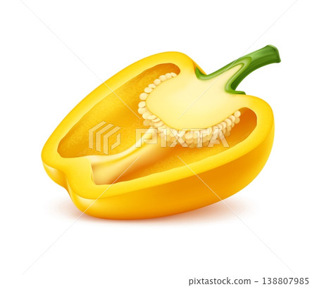 Realistic ripe raw yellow bell pepper vegetable half. Isolated 3d vector natural fresh, healthy food, paprika plant. Bulgarian pepper veggie, eco farm production, farming crop, cooking ingredient 138807985