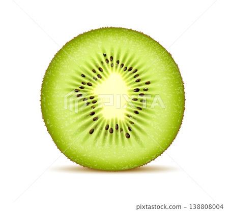 Realistic ripe kiwi fruit half cut for dessert food or sweets, isolated vector. Fresh juicy kiwi fruit with realistic texture cut in half with peel and seeds in macro closeup for jam or lemonade drink Realistic ripe kiwi fruit half cut for dessert food or sweets, isolated vector. Fresh juicy kiwi fruit with realistic texture cut in half with peel and seeds in macro closeup for jam or lemonade drink 138808004