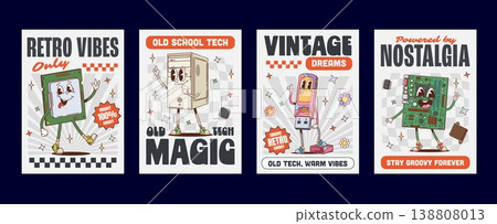 Cartoon funky groovy computer parts and sound device characters. Vector hippie desktop pc and laptop computer equipment mascots of monitor, microphone and keyboard. Retro groovy headphones, USB, mouse Cartoon funky groovy computer parts and sound device characters. Vector hippie desktop pc and laptop computer equipment mascots of monitor, microphone and keyboard. Retro groovy headphones, USB, mouse 138808013