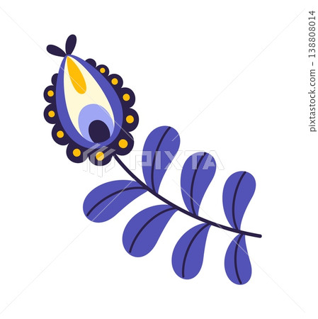 Scandinavian ethnic summer flower drawing. Norwegian ethnic summer floral colorful decoration, Slavic folk spring plant vector embroidery. Scandinavian autumn flower print with blue bud and leaves Scandinavian ethnic summer flower drawing. Norwegian ethnic summer floral colorful decoration, Slavic folk spring plant vector embroidery. Scandinavian autumn flower print with blue bud and leaves 138808014
