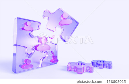 Smart collaboration 3d background. Hologram glass puzzle pieces with employee profiles and isometric gears. Business concept of collaborative development, teamwork and partnership. 3D illustration Smart collaboration 3d background. Hologram glass puzzle pieces with employee profiles and isometric gears. Business concept of collaborative development, teamwork and partnership. 3D illustration 138808015